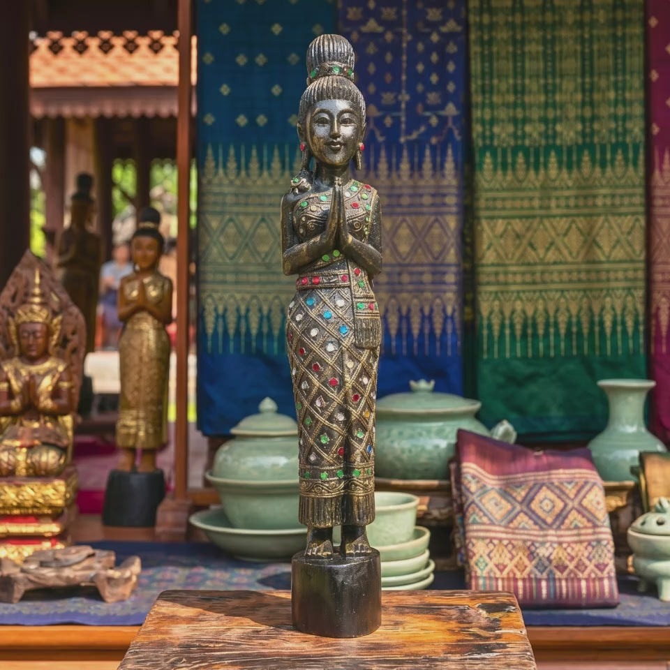 Acacia Wood Woman, 20 Inch Inlaid Glass Wai Statue, Spiritual Gift for Yoga Lover
