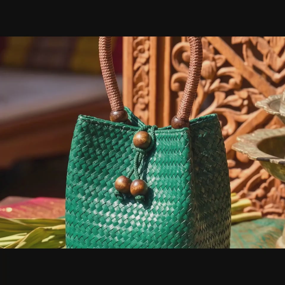 Handwoven Rattan Handbag, Woven Straw Basket Purse, Anniversary Gift for Eco Conscious