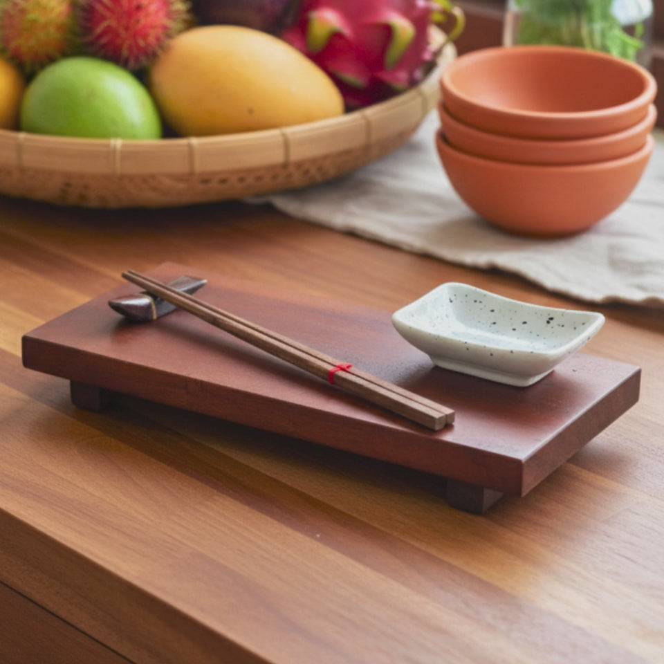 Hardwood Sushi Serving Board: Minimalist Chopstick Set