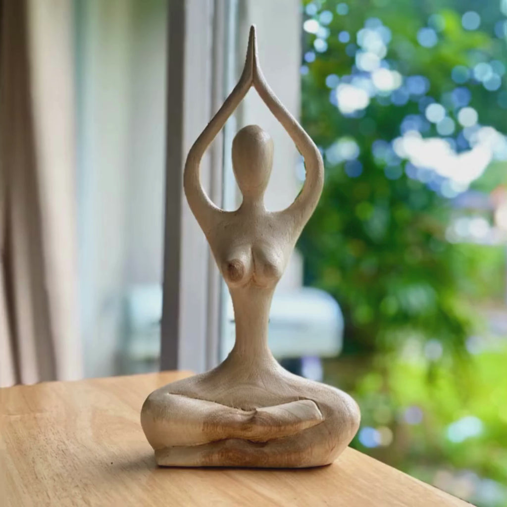 Hand Carved Wood Yoga Woman Sculpture: Thai Artisan Zen Decor