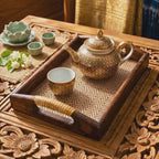 Acacia Wood Serving Tray: 11 Inch Rattan Coffee Platter