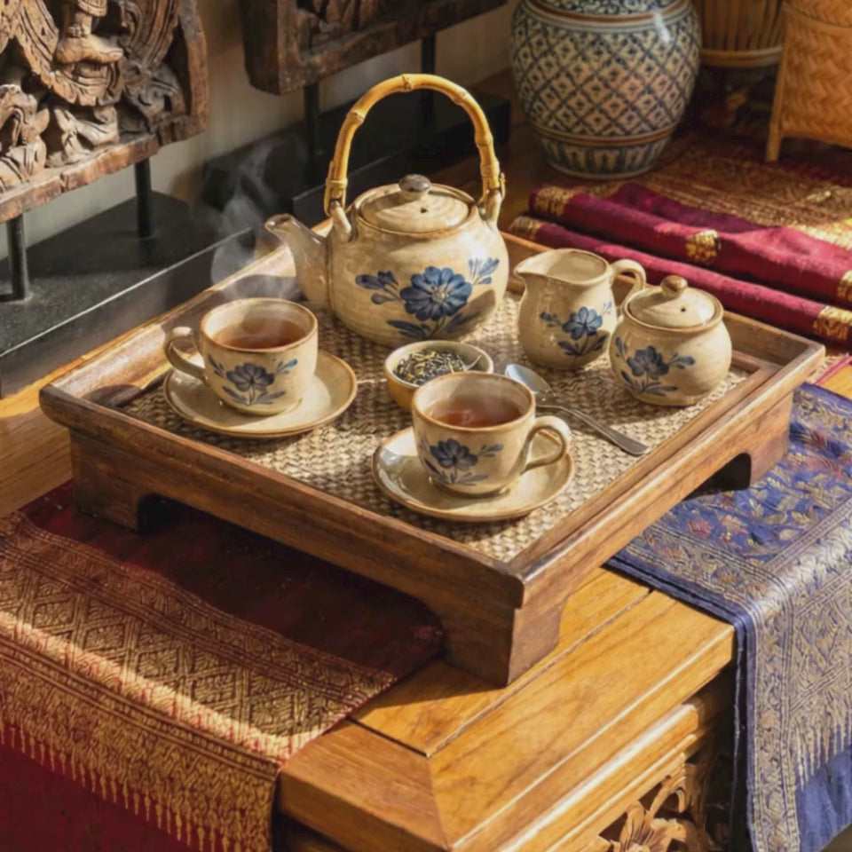 Handcrafted Hardwood Serving Tray: Bamboo Woven Riser for Tea & Teaware, Square