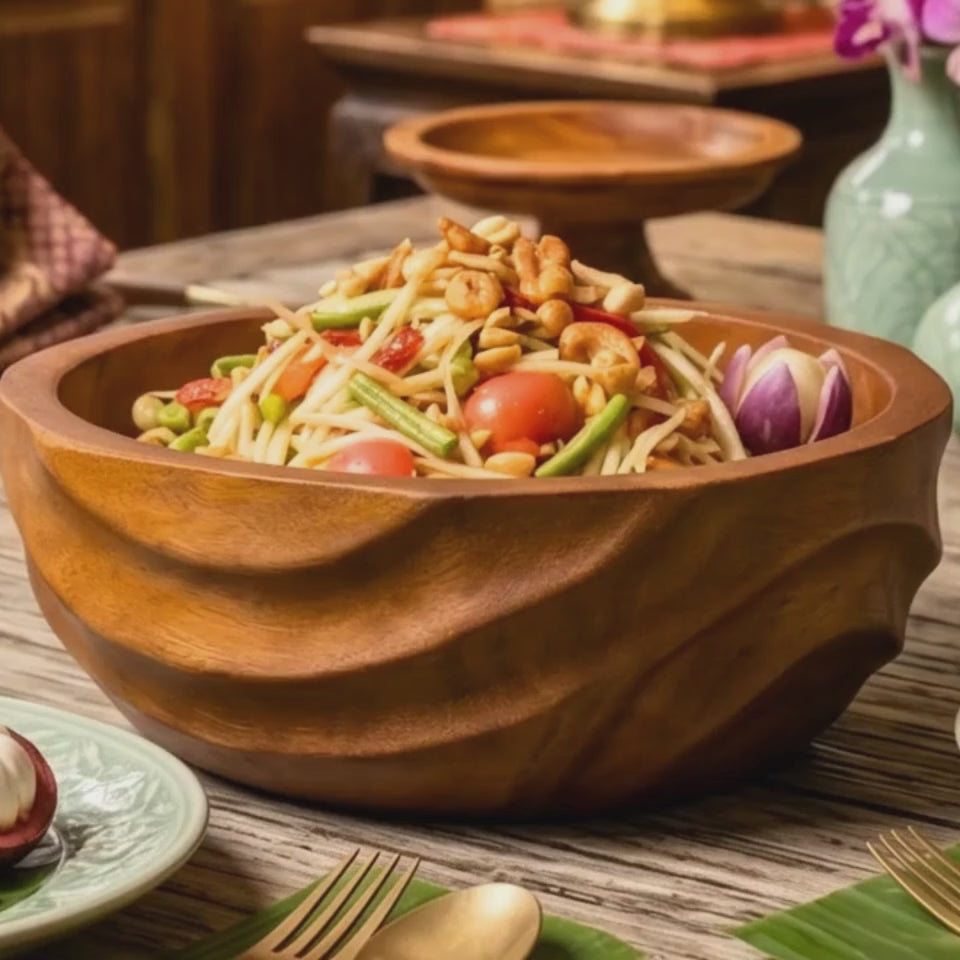 Acacia Wood Salad Bowl, 10 Inch Wavy Fruit Basin, Anniversary Present for Aesthetic Host