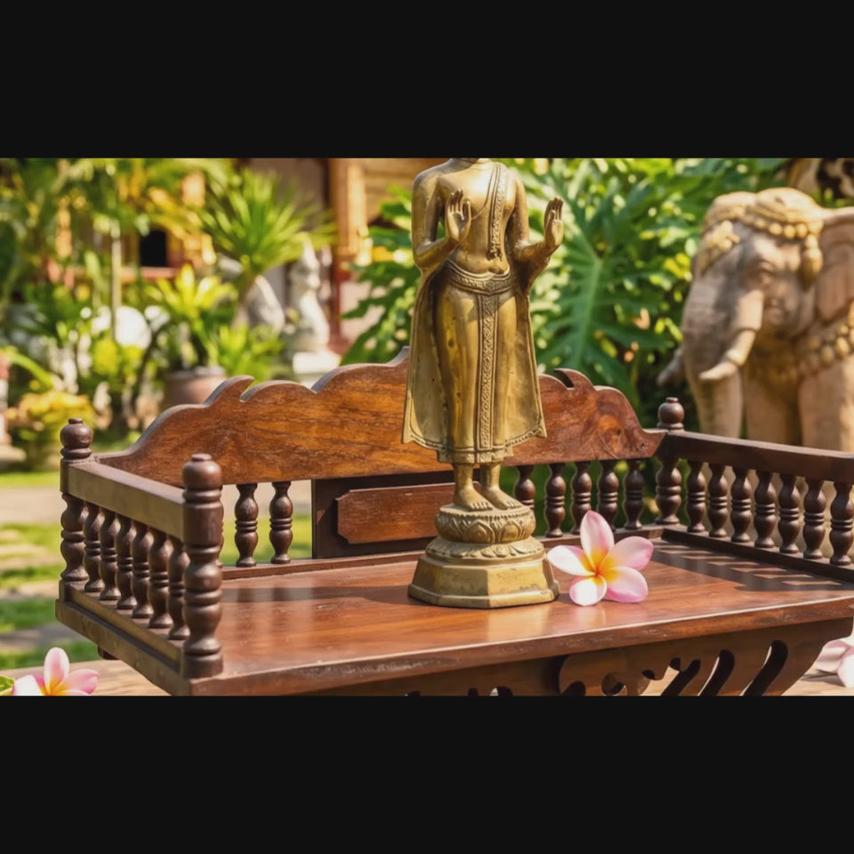 Handcrafted Teak Wood Spiritual Altar, 16 Inch Mudra Display Stand, Housewarming Gift for Minimalist