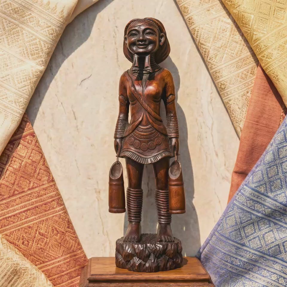 Acacia Wood Karen Tribe Figure, 20 Inch Long Neck Lady Statue, Cultural Present for Art Collector