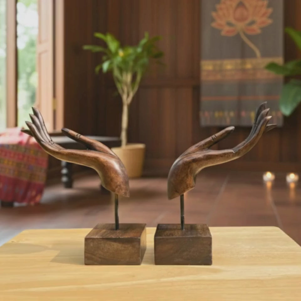 Hand Carved Wood Sculpture Set of 2: Dhyana Mudra Zen Decor