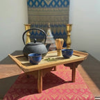 Acacia Wood Altar Pedestal Tray: 10 Inch Woven Rattan Stand
