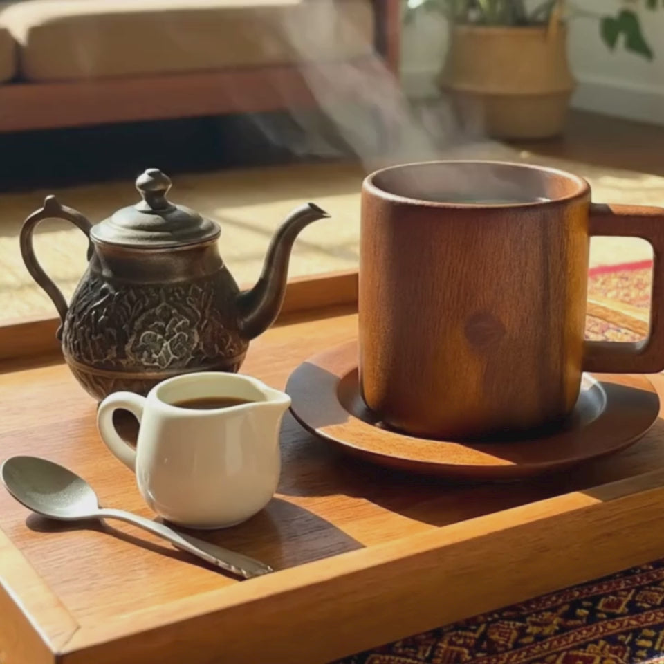 Hand Carved Wood Coffee Mug and Saucer Set: Rustic Teak Wood Teaware