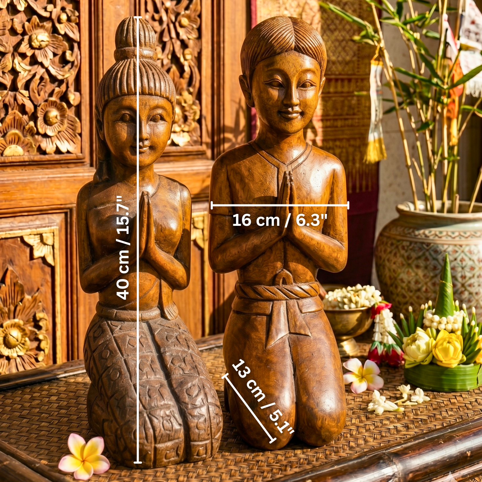 Acacia Wood Kneeling Lady, 16 Inch Wai Greeting Sculpture, Housewarming Gift for Minimalist - Siam Wood Artisans