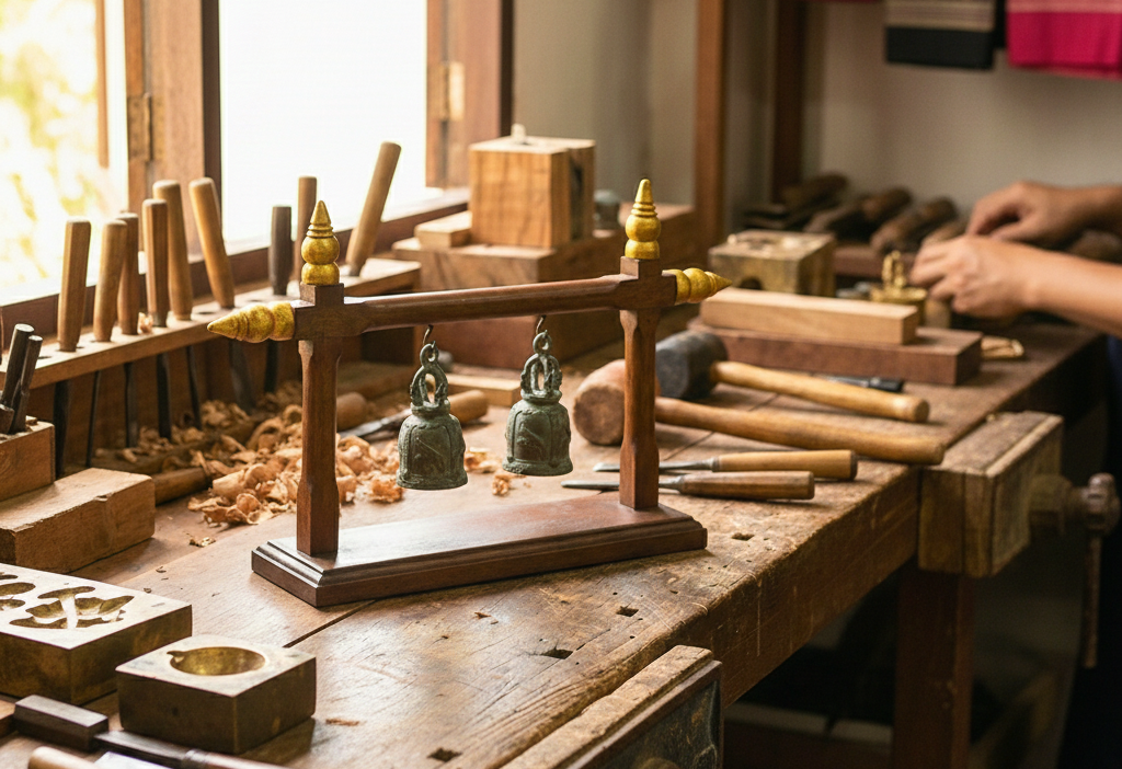 Woodworking workshop with tools and wooden objects on a workbench.